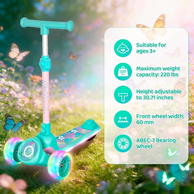 Nattork Kids Scooter for Girls with Light Up Wheels, Deck and Headlight, Wide Anti-Slip Deck and T-bar Handle with Rear Foot Brake, Adjustable Height 3 Wheel Scooter for Kids Ages 3+ and up to 220Lbs