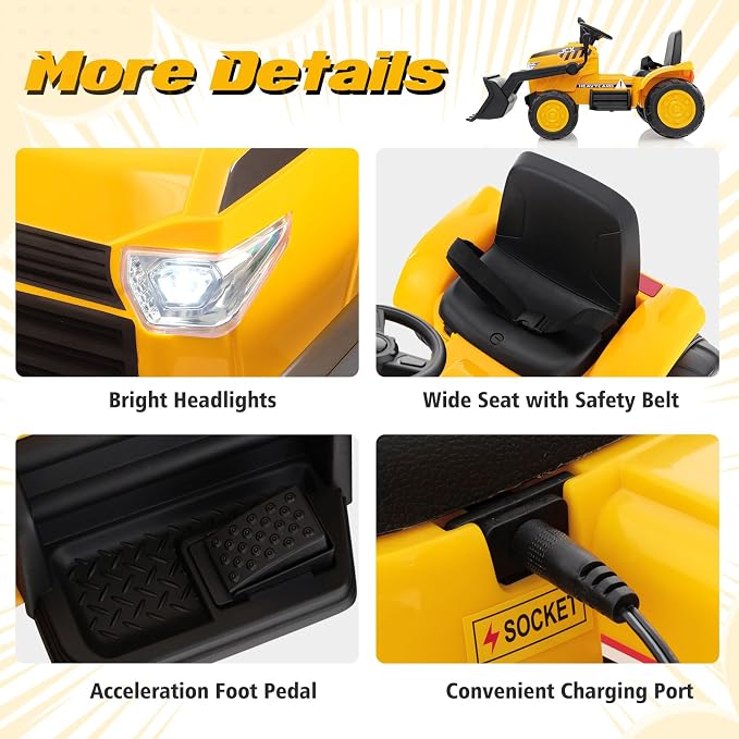 Costzon Ride on Excavator, 12V Kids Excavator Ride on Bulldozer with Remote Control & Adjustable Digger Bucket, LED Headlights, Music, Horn, USB, Electric Construction Ride on Toy for Kids 3-8, Yellow