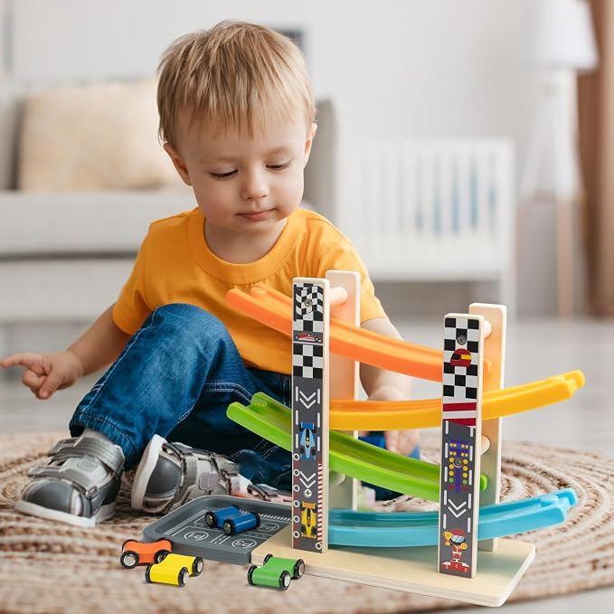 WOOD CITY Wooden Car Ramp Racer Toy Vehicle Set with 4 Mini Cars & Race Tracks, Toddler Toys Montessori Cars Toys Birthday Gift for Kids Boys and Girls