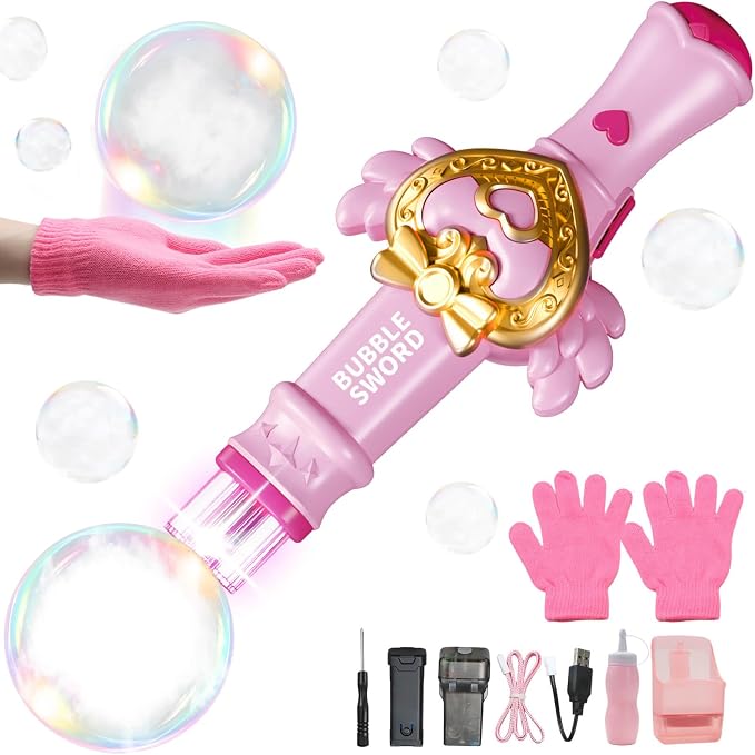 Aooess Fog Bubble Machine for Kids 3+, Mist Bubble Wand with LED Lights and Music, USB Rechargeable Bubble Toy, Complete Kit with Gloves & Bubble Solution, Indoor Outdoor Party Favors for Boys Girls