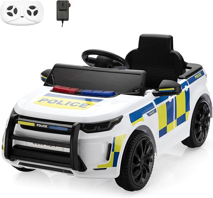 TOBBI Kids Electric Ride On Police Car, Toddlers Battery-Powered Cop Toy to Drive, 27W 4-Wheels Vehicle with Parental Remote Control/Soft Start/3 Speeds/Horn & LED for Children Ages 1-6 Years-White