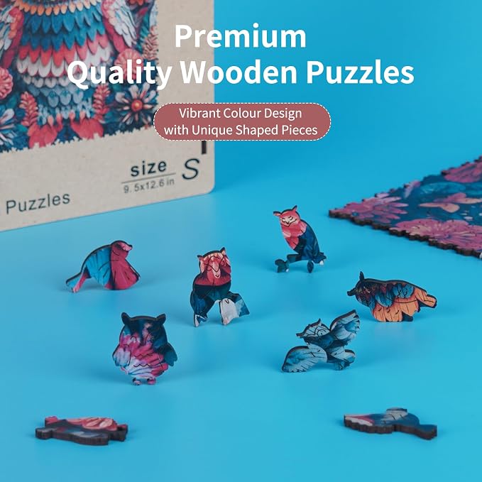 MEATRN Multicolored Owl Wooden Puzzles for Adults - 200 Pieces Natural Wood Jigsaw Puzzle, Laser-Cut Precision, Forest Wildlife Animal Theme, Relaxing Family Game & Creative Gift, 9.5x12.6in