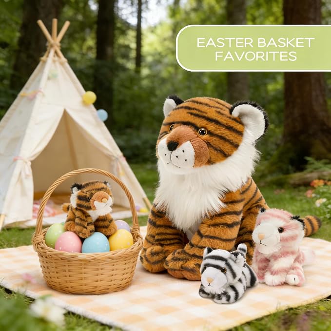 MorisMos Tiger Stuffed Animal with Babies Plush Set, Realistic Mommy Stuffed Tiger Plush with 3 Baby Cubs Inside, Wild Zoo Animal Toys for Kid Toddler Christmas Decor Birthday Gift Jungle Themed Party