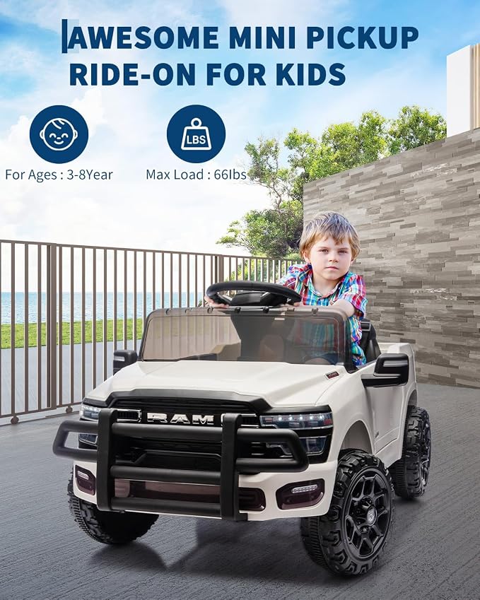 Garvee Kids Ride On Cars, Licensed RAM 12V Electric Ride On Truck Car w/Remote Control, Electric Pickup Car for Toddlers, Spring Suspension, LED Lights, Music, Ride On Toys for Boys Girls