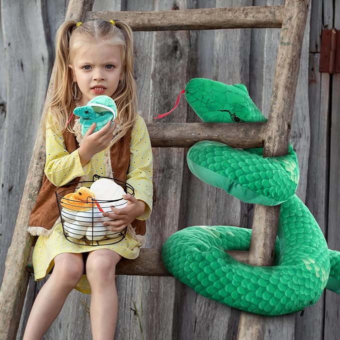 Muiteiur Giant 6 Piece Snake Stuffed Animal, 55 inch Mommy Snake with 3 Baby&2 Egg, Green Large Jungle Plush Toy, Realistic Serpent Plush Toy Gift for Kids Girls Boys