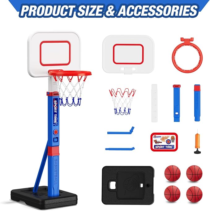 HYES Toddler Basketball Hoop, 55" Height Adjustable Basketball Hoop for Kids 3-5, Kids Basketball Goal, Indoor Outdoor Sport Toys Christmas Birthday Gifts for Baby Boys Girls