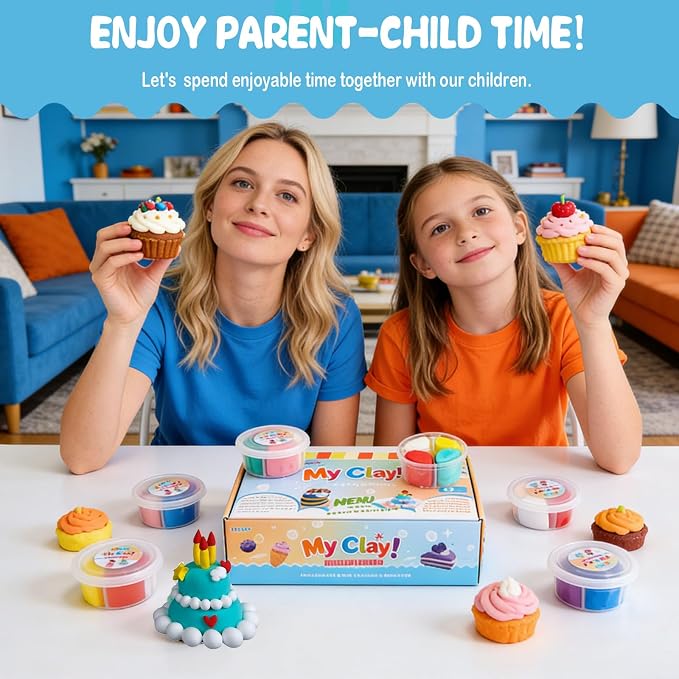 Dessert Clay Kit for Kids – 6 Sweet Treat Themes with Tools & Tutorial Cards | Cupcake Cookie Cake DIY | Soft Non-Sticky Air Dry Clay | Arts & Crafts Gift Ages 3+