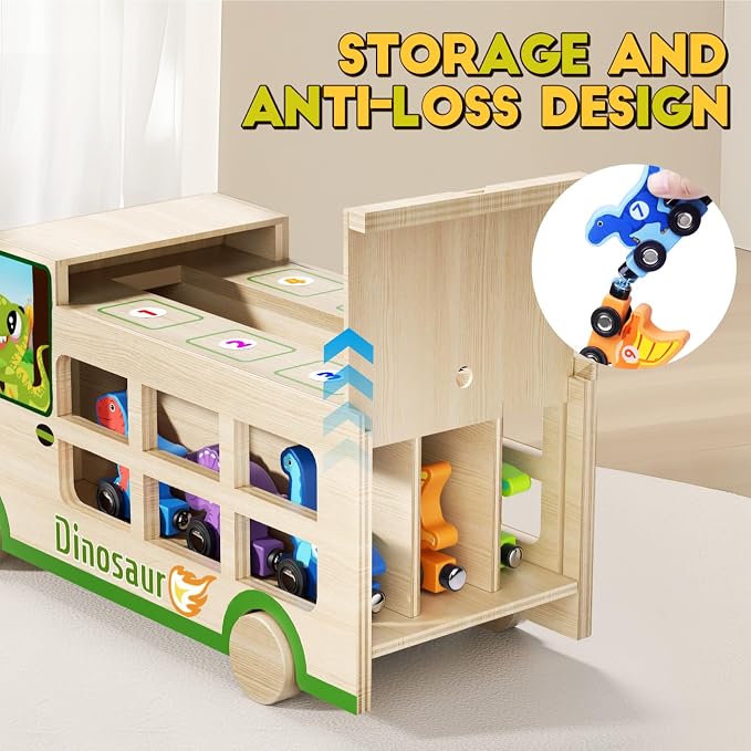 GJZZ Wooden Dinosaur Truck & 10 Magnetic Wooden Dinosaur Train Set | Montessori STEM Toys, Kids 2-5 Years, Toddler Learning Toys, Birthday Gifts for Boys and Girls