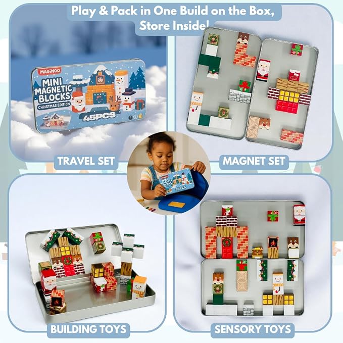 45PCS Mini Magnetic Blocks Travel Set – Christmas STEM Toddler Toys in Iron Box, Educational Building Cubes for Kids Ages 3–8, for Boys & Girls