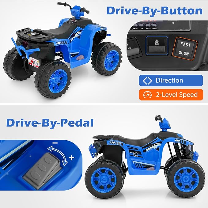 Costzon Kids ATV, 24V Four Wheeler Quad Ride on Car w/Forward/Backward, 2 Speeds, Wireless Connection, Music, Radio, LED Lights, Electric Vehicle Toddler 4 Wheeler for Kids, Boys & Girls 3-8 (Blue)