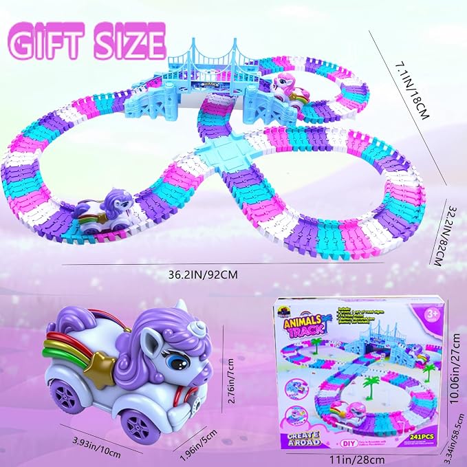 Tracks Car Toys Set for 2 3 4 5 6 7 Year Girl Toddler, 248 PCS Pink Magic Bendable Race Track Toy with 1Unicorn Car Toy and 1 Pink Train, Birthday Gift Idea for Kid