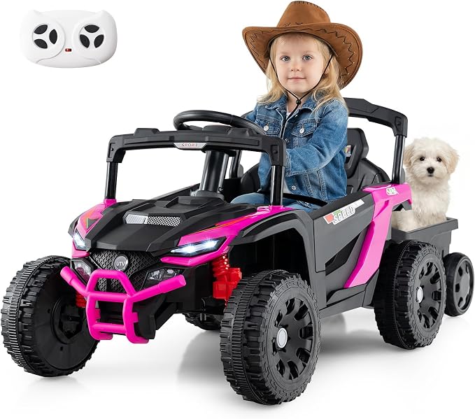 Costzon Kids Ride On UTV Car with Detachable Trailer, 12V Battery Powered Electric Vehicle with Remote Control, 3 Speeds, LED Lights, Music, Horn, Off-Road UTV for Boys & Girls (with Trailer,Pink)
