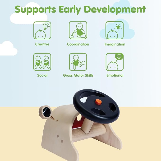 PlanToys® Wooden Driving Console | Montessori Pretend Play Dashboard with Steering Wheel, Gear Shift & Controls for Role Play, Coordination & Imaginative Play | Eco Friendly Wooden Play Toy