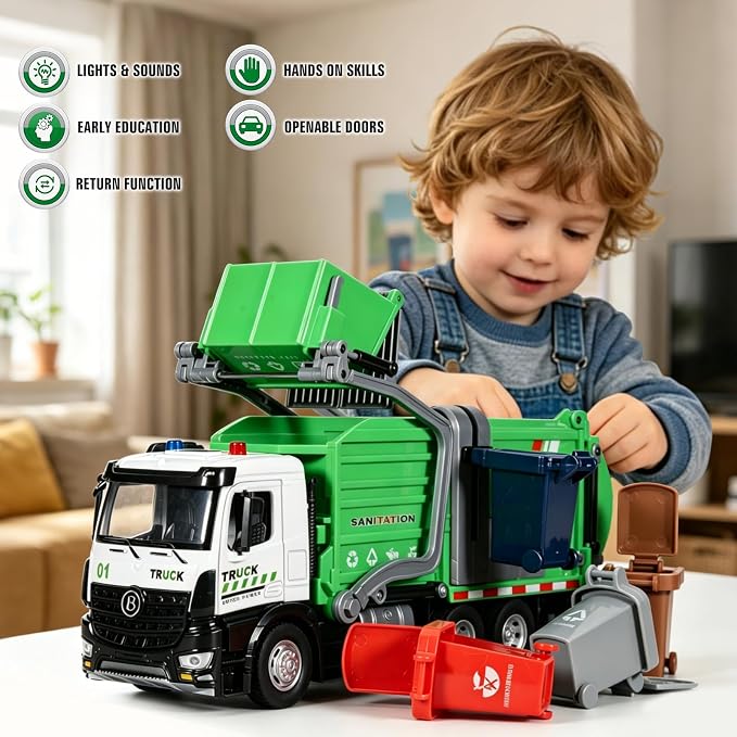 Garbage Truck Toys Diecast Metal Cab Front Loader Waste Management Garbage Truck for Kids and Toddlers Pull Back Trash Truck Toy Set with Lights and Sounds Garbage Truck Toys for Boys Age 4-7