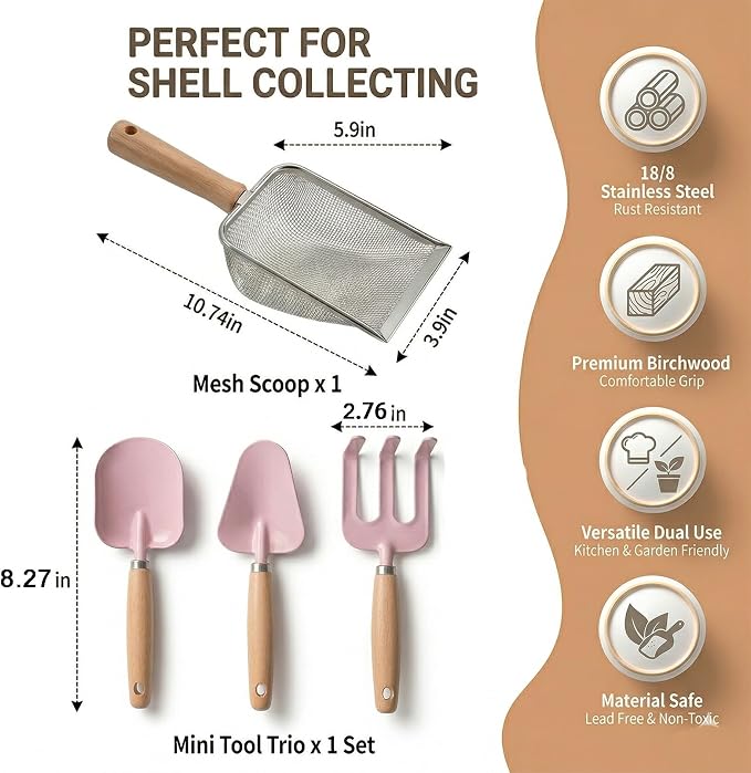Beach Sand Toys for Kids Toddlers Made of Metal with Sturdy Wooden Handle, Sifter & Shell Clipping Tongs, Mesh Scooper for Digging, Sifting Shells, Shark Tooth Sifter Dipper, Kids Gardening Tools