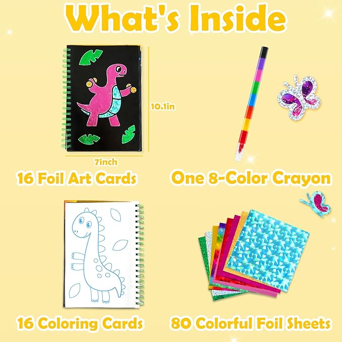 FUNNYB&G Foil Art Craft Kit for Kids 4-10 Years Old: Mess-Free & No-Glue, Create 16 Sparkly Dinosaur& Animal Pictures – Perfect Travel Toy & Birthday Gift for Kids (Dinosaur Animal)