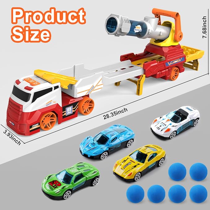 Dwi Dowellin Truck Toys for Kids, 28" Large Car Toys Include 4 Racing Cars+6 Ball, with Light & Sounds, Eejection&Shooting Transport Cars Toys Vehicle, Gifts for Boys Girls-RED