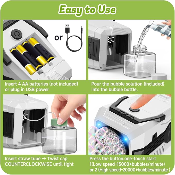 Bubble Machine for Children, Powered by USB Adapter or Battery, Suitable for Indoor & Outdoor Birthday Parties, Weddings & Outdoor Activities (2-Pack)
