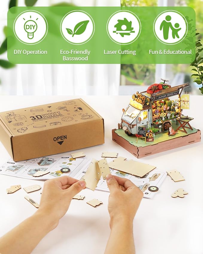 DIY Miniature House Kit Flower Cart, DIY Miniature Dollhouse Kit with LED Light Music for Room Bookshelf Decor, Tiny House Crafts for Adults, Birthday for Men Women Teens