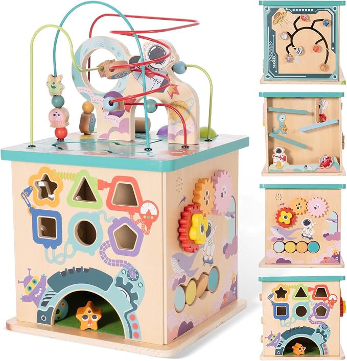 Pre-Assembled 9 in 1 Large Wooden Activity Cube. Educational Learning Toy for Kids with Bead Maze, Shape Sorter and Music Gears and More. for Toddlers 18 M+. Birthday Gifts for Boys and Girls