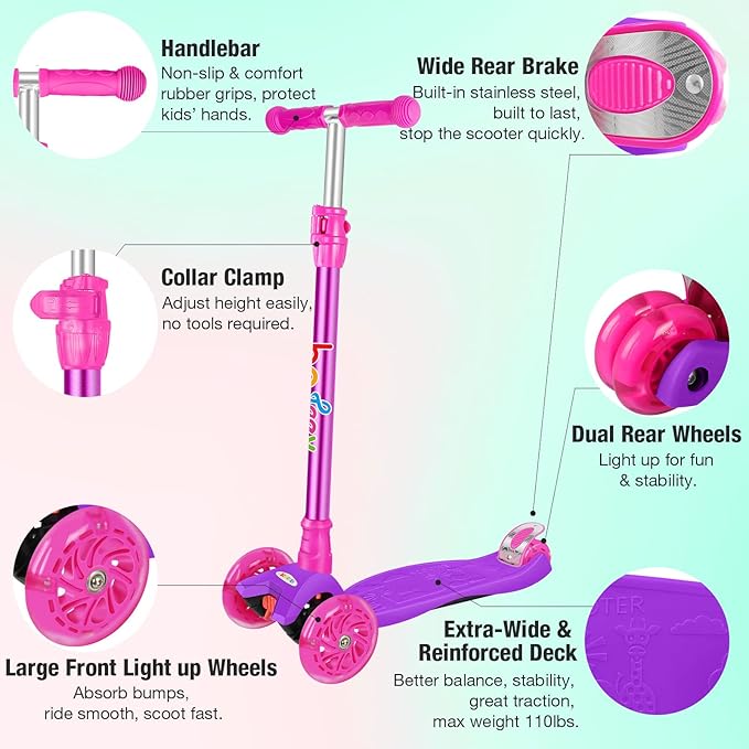BELEEV Scooters for Kids 3 Wheel Kick Scooter for Toddlers Girls Boys, 4 Adjustable Height, Lean to Steer, Light up Wheels, Extra-Wide Deck, Easy to Assemble for Children Ages 3-12