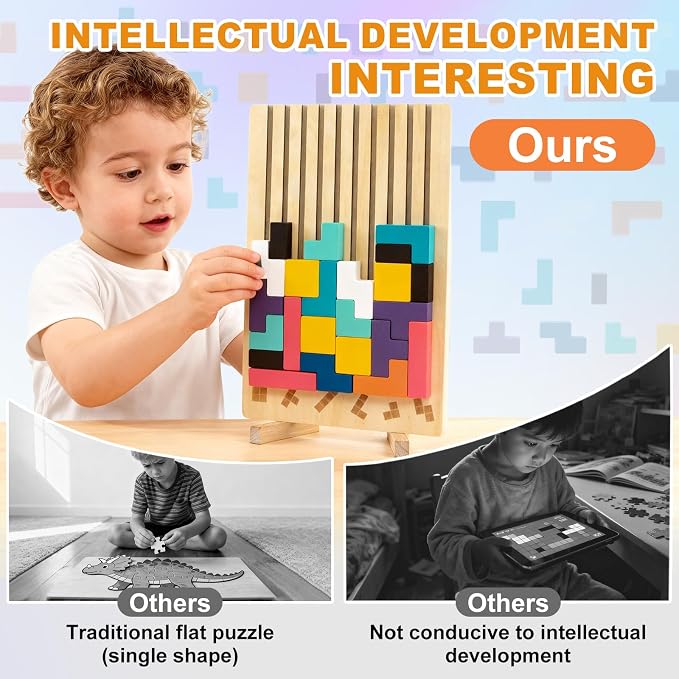 Wooden Montessori Blocks Puzzle for Kids, Russian 3D Colorful Brain Teaser Stacking Toy, STEM Educational Board Game for Toddlers, Ideal Birthday Gift for Boys Girls Ages 3 4 5 6