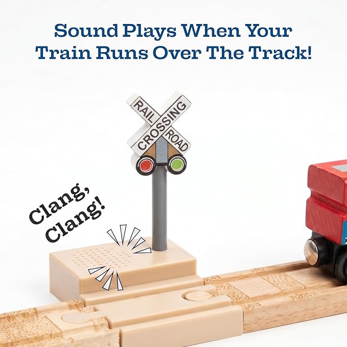 Sound Making Wooden Railroad Crossing Signal | Train Crossing Track Compatible with All Major Wooden Railway Train Track Sets | Battery-Powered Train Track Accessories Wood Layout
