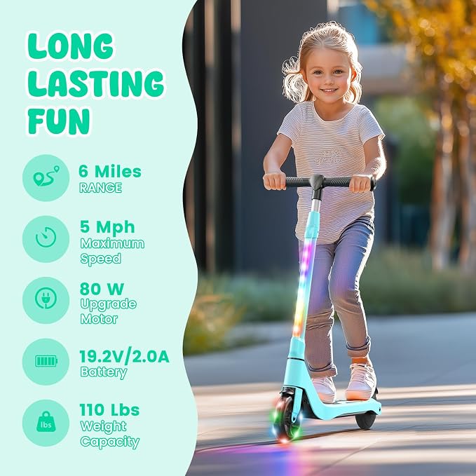 LIEAGLE Electric Scooter for Kids Ages 6-12, LED Light-Up Deck, Kids Scooters with 3 Adjustment Levels Handlebar to 36 Inches High,5.3" Wheel UL Certificated Kick Scooter