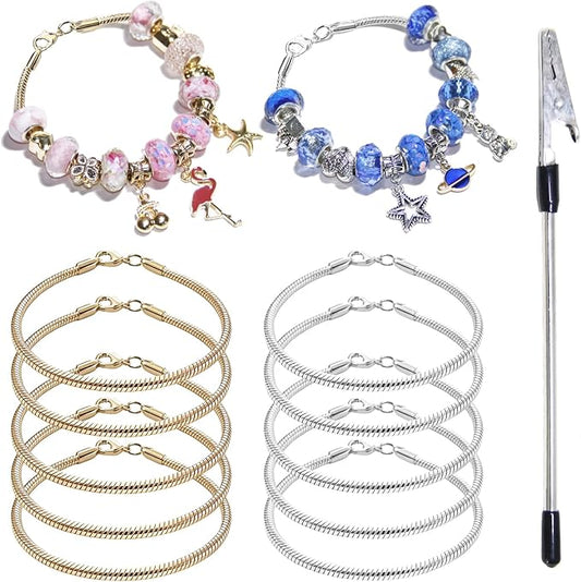 Exway 10 Pcs Snake Charm Bracelet Chain 7.5 Inch Gold and Silver Charm Bracelet Kit Snake Chain Bracelets Chain for Christmas DIY Women Jewelry Making Gifts
