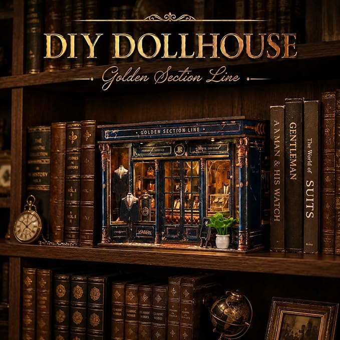 Roroom DIY Miniature and Furniture Dollhouse Kit,Mini 3D Wooden Doll House Craft Model,Creative Room Idea for Valentine's Day Birthday Gift(Book Outside the Book) (Golden Section Line) | Wooden 3D Puzzles for Adults with LED, Bookshelf, Desk and Bedsid...