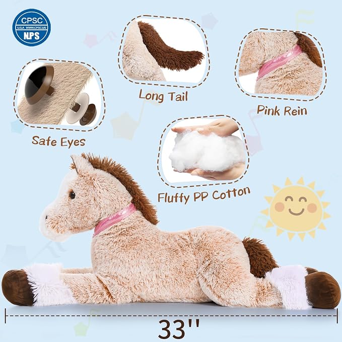 MaoGoLan Large Horse Stuffed Animal, Big Horse Plush Toy for Boy Girl, Ridable Stuffy Pony for Kid, Stuffed Pony Plush Pillow for Baby Shower, Mother's Day Birthday Gifts Party Favor, 33 inches, Brown
