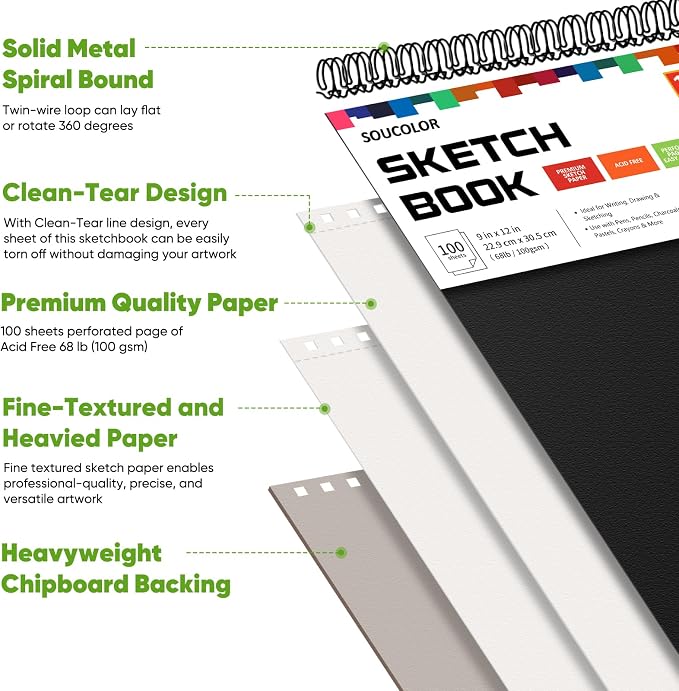 Soucolor 9" x 12" Sketch Book, 100 Sheets Top Spiral Bound Sketchbook with Acid-Free 68lb/100gsm Thick Drawing Paper, Art Sketch Pad for Kids, Adults & Artist, Professional Art Supplies for Beginners