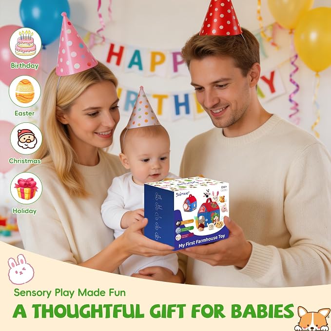 SAIMAND Baby Toys 6-12 Months, Barn with Stuffed Farm Animals, Montessori Toy for Babies, Sensory Toys for Toddlers 1-3, Portable Baby Farmhouse Toy, Birthday Gift for Infants & Toddlers