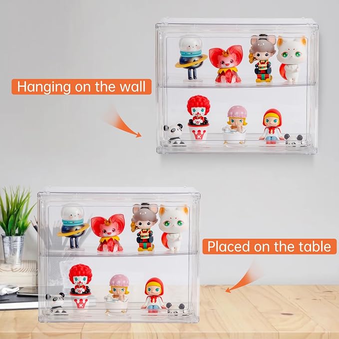 BOHOIDEE 2 Tiers Clear Display Case for Figures, Acrylic Storage Organizers Box with Magnetic Door, Wall-Mounted Dustproof Showcase for Collectibles Action Figure