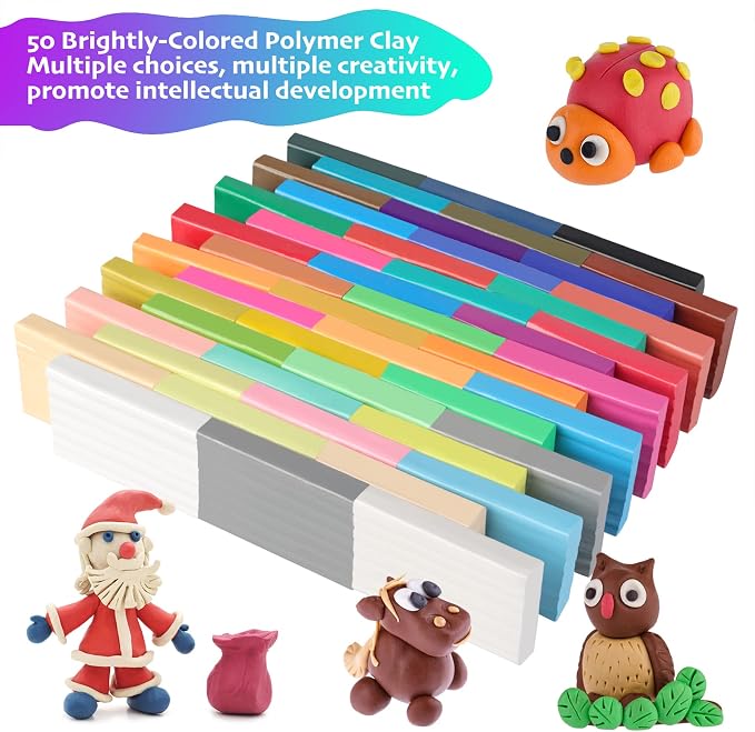 Cyajm 50 Colors Polymer Clay, Non-Toxic Oven Bake Modeling Clay Kit, Soft Molding Craft Clay for Kids Parent-Child DIY, Students School Art Class, Blogger Jewelry Making & Home Decoration