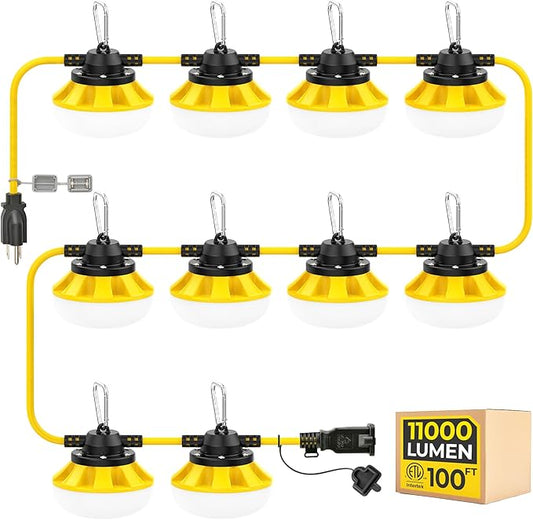 100FT 3-Prong Construction String Lights, LED Work Light, ETL Certified, IP65 Waterproof, Linkable up to 8 Sets, Temporary Lighting for Jobsite, Attic, Garage