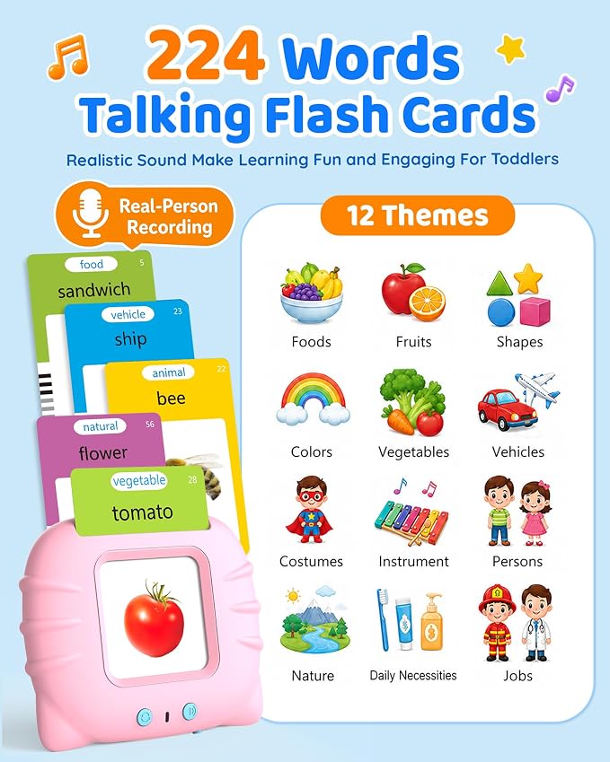 Aullsaty Talking Flash Cards for Toddlers Ages 1-3, 224 Words Montessori Speech Therapy Toys, Autism Sensory Toy, Educational Learning Speech Therapy Birthday Gifts for Boys Girls (Pink)