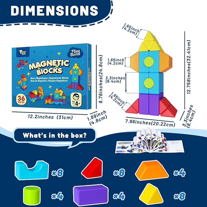 Pairez Toys Magnetic Building Blocks, Large Magnetic Blocks in Multiple Shapes, Creative Building Toys for Preschool Learning, Montessori & Sensory Magnet Toys for Kids Ages 4-8 (36 PCS)