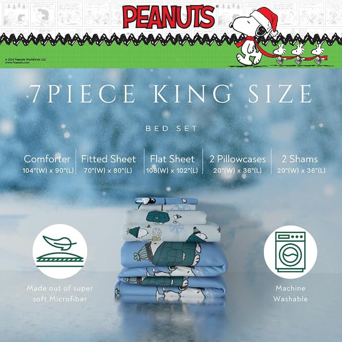 Collectibles Peanuts Snoopy Puffer Holiday & Christmas Bedding Super Soft Comforter and Sheet Set with Sham, 7 Piece King Size (Officially Licensed Product) By Franco