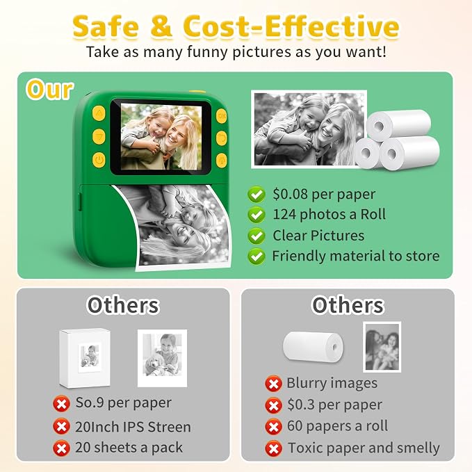 Instant Print Camera for Kids, Christmas Birthday Gifts for Girls Boys, 1080P Instant Digital Print Cameras for Toddler,Portable Toy for 4 5 6 7 8 9 10 Year Old Girl with 32GB SD Card，Green