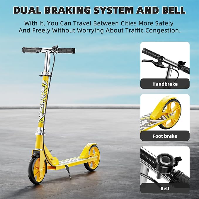 Scooters for Kids 8-12, Teens & Adults - Lightweight, Foldable, 8-Inch Big Wheels, Hand Brake & Bell, 4 Adjustable Height Levels, 240 lbs Max Load, Perfect for School, Campus and Park Rides