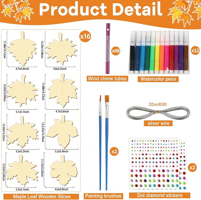 gisgfim 16 Pack Fall Wind Chime Kits for Make Your Own Maple Leaves Wind Chime Wooden DIY Arts and Crafts for Thanksgiving Autumn Party Decorations Supplies Birthday Favor