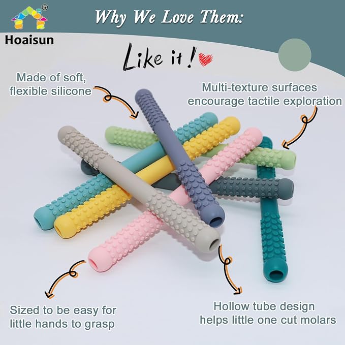 Hoaisun Teething Toys 3-6 Months 8 Pack, Silicone Teethers for Babies Nursing, Teething Tubes Sticks for Babies 6-12 12-18 Months, Autism Sensory Toys for Kids Chewing, Biting