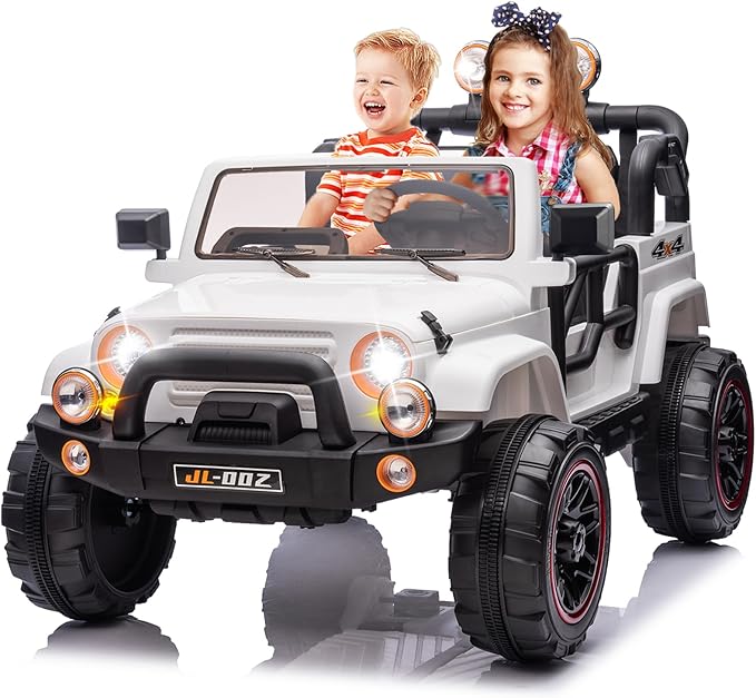 2 Seater Ride On Truck and Car Cover, 12V Children's Electric Car with Parental Remote Control, Music, Bluetooth, MP3 Player, LED Lights, Spring Suspension, White