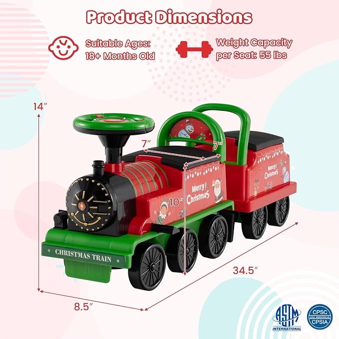 Costzon 2-Seater Ride on Train with Carriage, 6V Ride on Toy w/Under-Seat Storage, Footrests, Train Whistle, Music & Colorful Flashing LED Lights, Electric Car for Kids Aged 18+ (2 Seaters, Green)