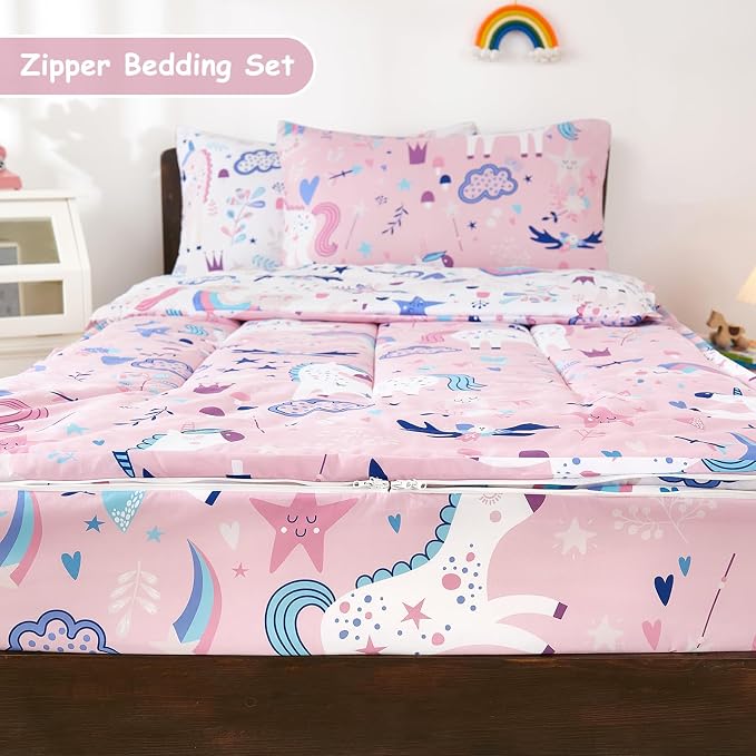 DJY Zipper Bedding Set Full, Pink Unicorn Bedding Sets for Girls, Kids Comforter Set with Fitted Sheet Pillowcases, All in One Zipper Bed Set for All Seasons