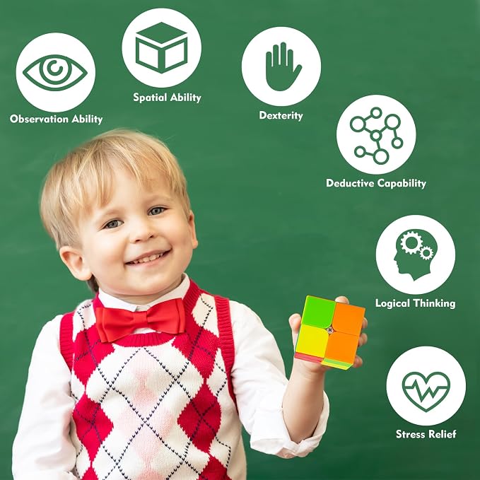 Stickerless 2x2 Speed Cube with Stand & Tutorial – Easy-Turn Brain Teaser for Kids & Adults, STEM Educational Toy, Classroom, Office & Travel Fun