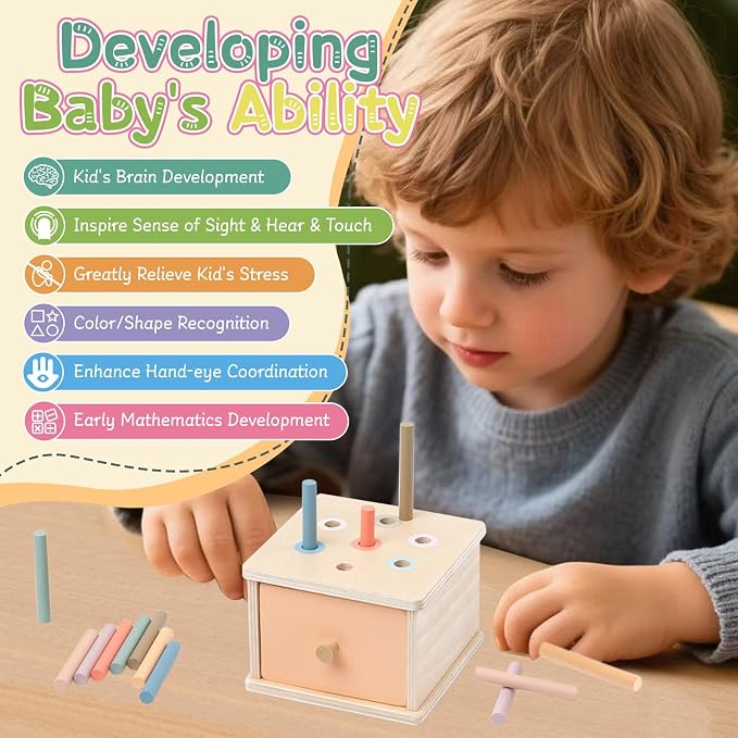 Montessori Toys for 2 3 4 5 Year Old - Wooden Object Permanence Box with Drawer Sensory Toys Shape Sorter Color Sorting Education for Baby Toddler Boy Girl Drop Busy Box (A-pegs)