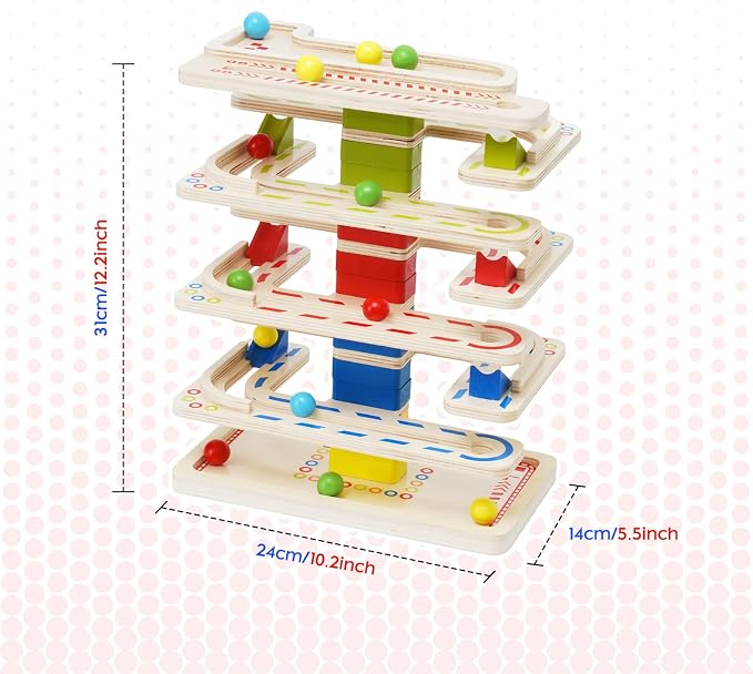 Wooden Marbles Run Ball Drop Toys 8-Tier Rolling Tower Toys with 16 Balls Ramp Whirling Game Ball Tower Educational Learning Toys for Gifts 3 4 5 6 7 8 Years Toddler Boys Girls