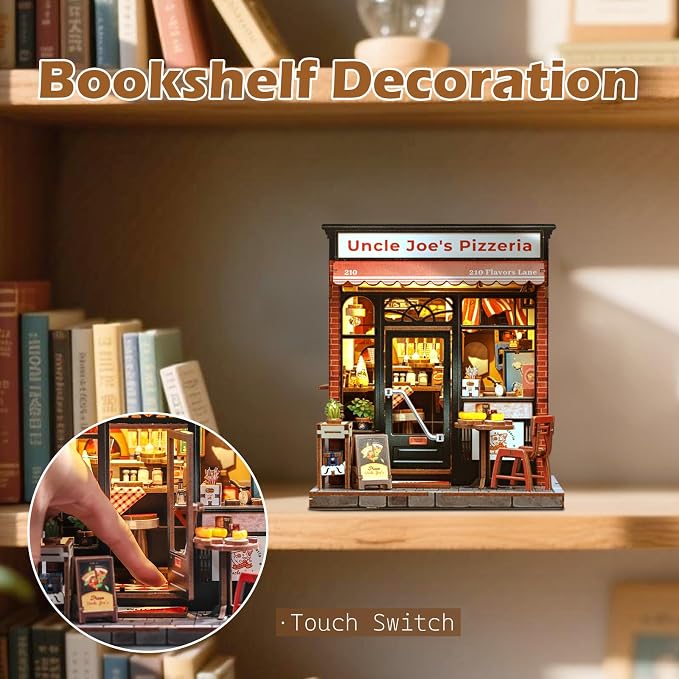 Fsolis Book Nook Kit - 3D Wooden Puzzles for Adults DIY Miniature House Kit Bookshelf Pizza Shop Diorama Gifts for Women Puzzle Lovers (Uncle Joe's Pizzeria)